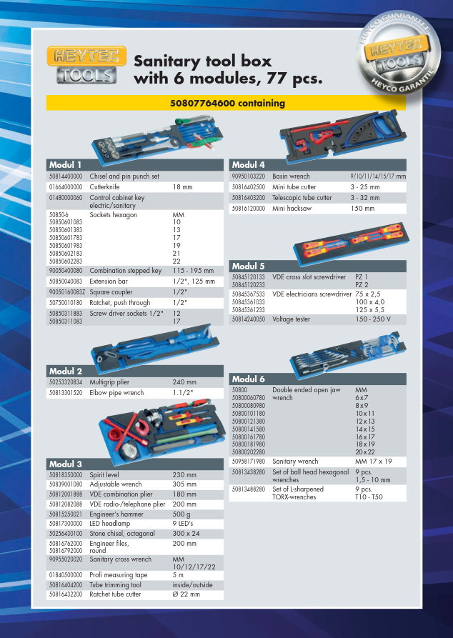 Sanitary tool box with 6 modules, 77 pcs.